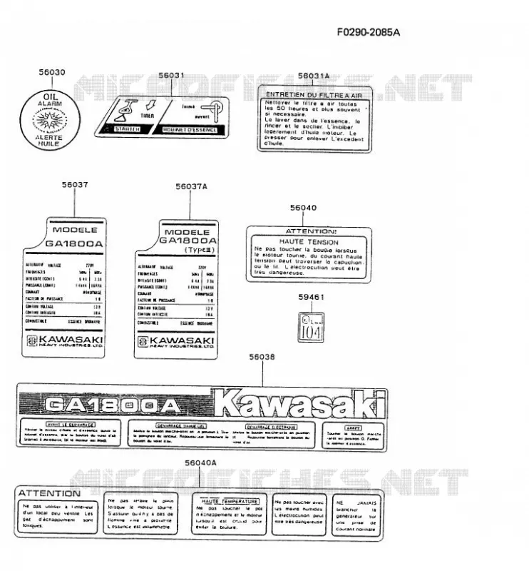 LABEL Kawasaki Generateur GA GAT80A GA1800A  GAT80A-GS52