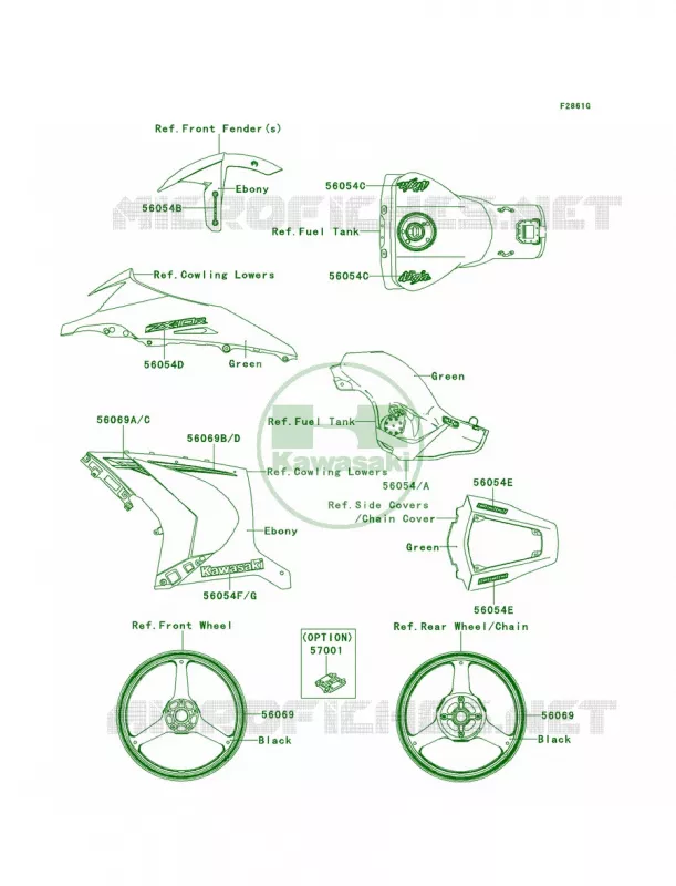 DecalsGreenKEF Kawasaki MOTOS 1000 2011 Ninja ZX-10R ABS  ZX1000KBF